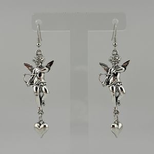 Cupid Angel Heart Dangle Charm Earrings Silver Tone 3" Long Valentine Love Shiny